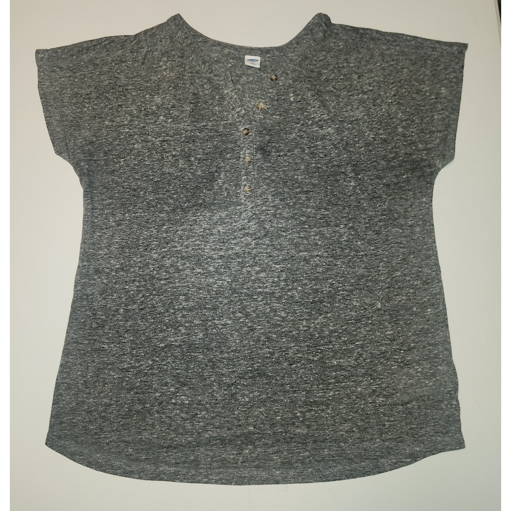 Old Navy Womens Linen Blend Henley T Shirt Relaxed Fit Short Sleeve Gray Medium